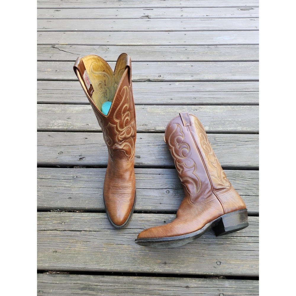 Vintage 70s Nocona Cowboy Boots Cognac Brown Leather Western Stitching Mens 10 D